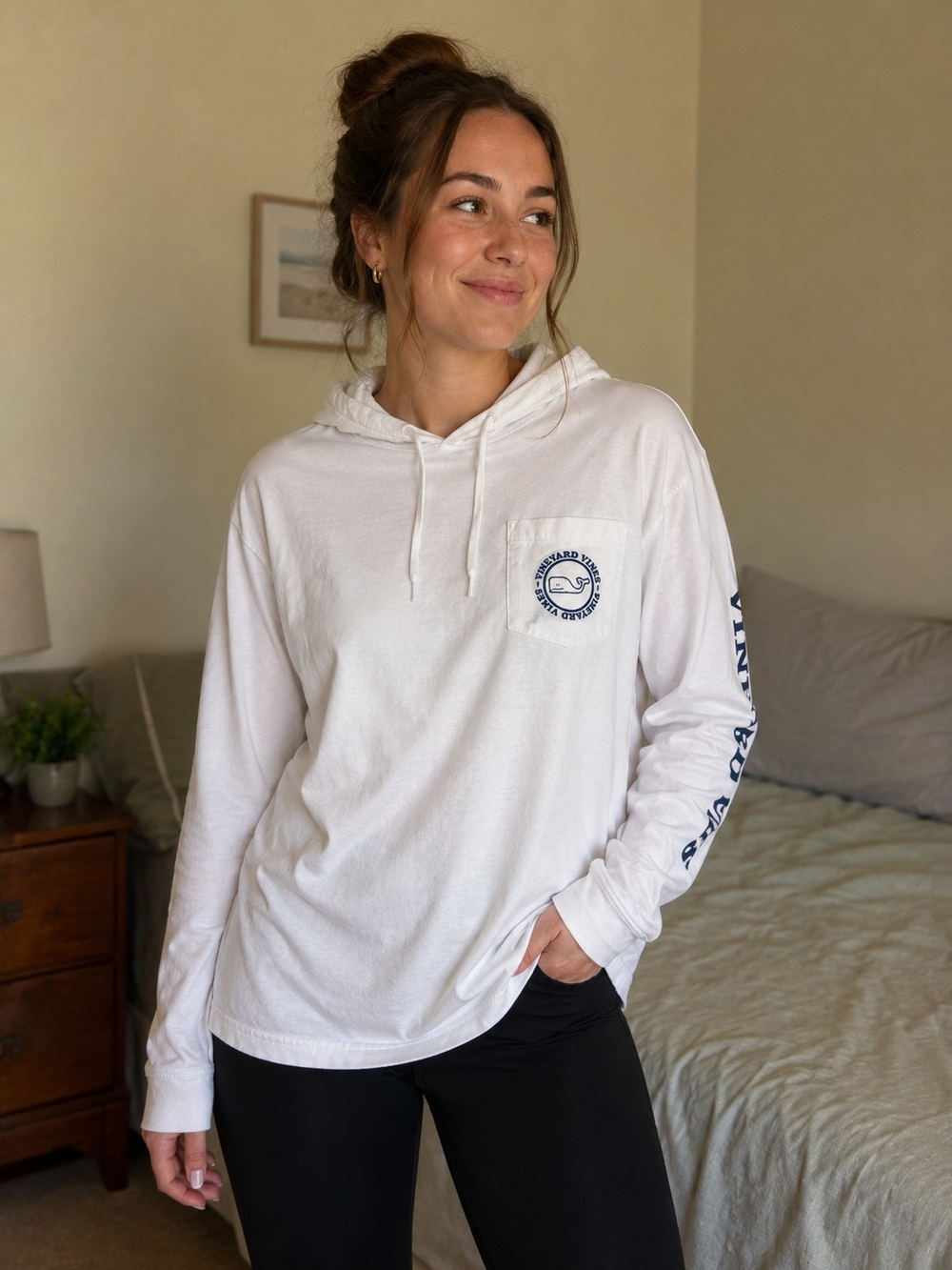 Vineyard Vines White Hooded Long Sleeve Tee with Navy Logo